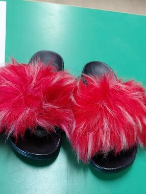 Plush Faux Fur Red Slide Sandals for Women